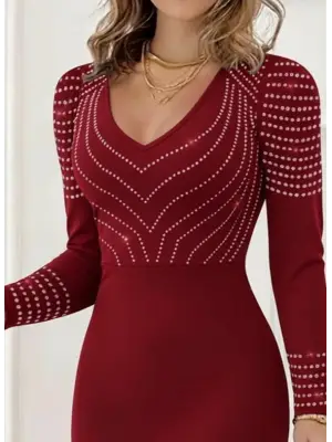 Kadın Uzun Kollu V Yakalı Taşlı Mini Ithal Krep Elbise