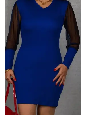 Kadın Uzun Kollu V Yakalı Tül Detaylı Mini Kaşkorse Elbise