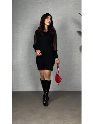 Kadın Uzun Kollu V Yakalı Tül Detaylı Mini Kaşkorse Elbise