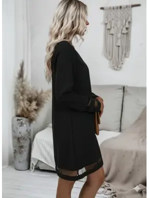 Kadın Uzun Kollu V Yakalı Tül şerit Detaylı Mini Krep Elbise