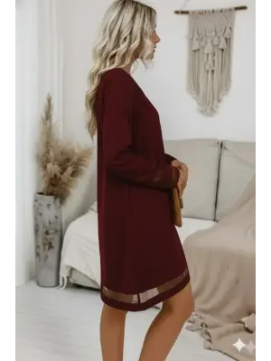 Kadın Uzun Kollu V Yakalı Tül şerit Detaylı Mini Krep Elbise