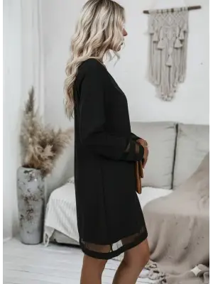 Kadın Uzun Kollu V Yakalı Tül şerit Detaylı Mini Krep Elbise