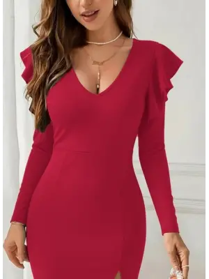 Kadın Uzun Kollu V Yakalı Yandan Yırtmaçlı Midi Ithal Krep Elbise