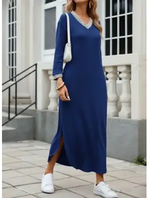Kadın Uzun Kollu V Yakalı Yanlardan Yırtmaçlı Uzun Viskon Iki Iplik Elbise