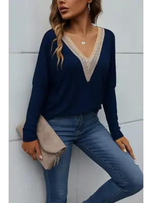 Kadın Uzun Kollu V Yakalı Yarasa Kollu Viskon Bluz