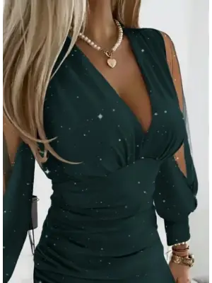 Kadın Uzun Kollu V Yakalısim Detaylı Mini Sandy Elbise