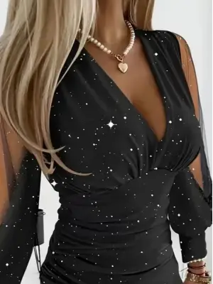 Kadın Uzun Kollu V Yakalısim Detaylı Mini Sandy Elbise