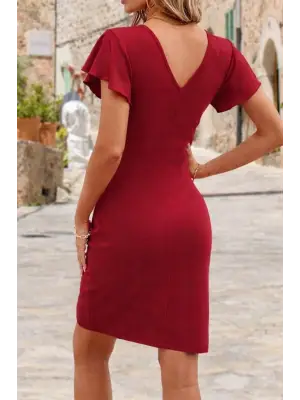 Kadın Uzun Kollu Volanlı Kruvaze Yaka Yanlardan Büzgülü Ithal Krep Elbise