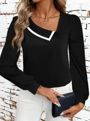 Kadın Uzun Kollu Yaka Detaylı Düğmeli Ithal Krep Bluz