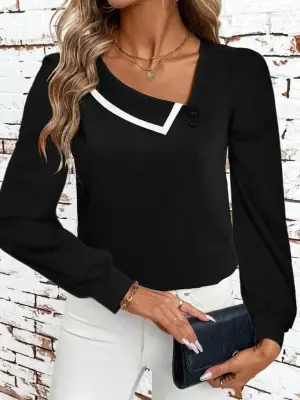 Kadın Uzun Kollu Yaka Detaylı Düğmeli Ithal Krep Bluz