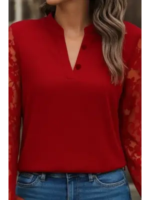 Kadın Uzun Kollu Yaka Düğme Detay Güpürlü Kol Krep Bluz