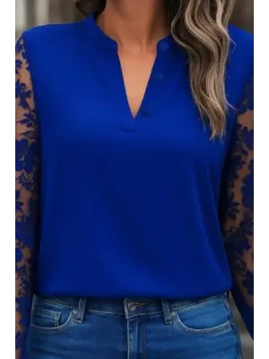 Kadın Uzun Kollu Yaka Düğme Detay Güpürlü Kol Krep Bluz