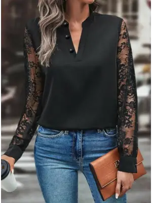 Kadın Uzun Kollu Yaka Düğme Detay Güpürlü Kol Krep Bluz