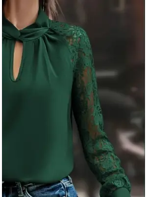 Kadın Uzun Kollu Yaka Düğme Detay Güpürlü Kol Krep Bluz