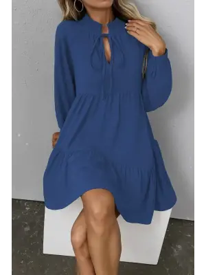 Kadın Uzun Kollu Yakadan Bağcıklı Fırfırlı Keten Mini Elbise