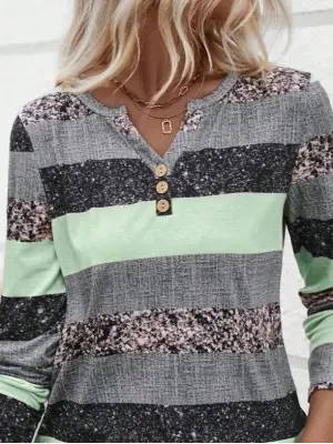 Kadın Uzun Kollu Yakadan Düğmeli çizgili Desenli Süprem Bluz