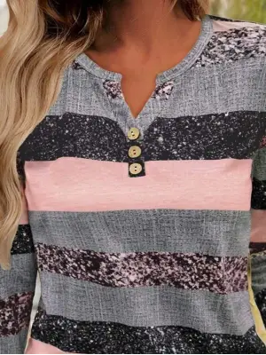 Kadın Uzun Kollu Yakadan Düğmeli çizgili Desenli Süprem Bluz