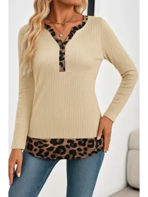 Kadın Uzun Kollu Yakadan Düğmeli Leopar Detaylı Kaşkorse Bluz
