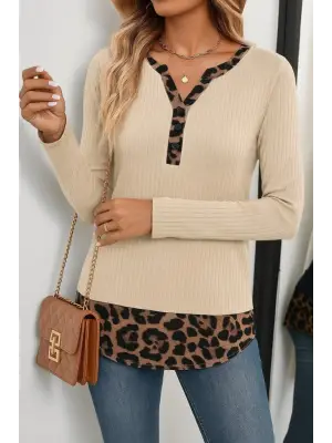 Kadın Uzun Kollu Yakadan Düğmeli Leopar Detaylı Kaşkorse Bluz