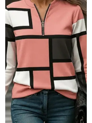 Kadın Uzun Kollu Yakadan Fermuarlı Desenli şardonlu Dalgıç Bluz