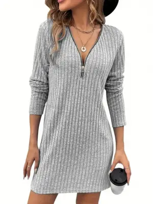 Kadın Uzun Kollu Yakadan Fermuarlı Kısa şardonlu Kaşkorse Elbise