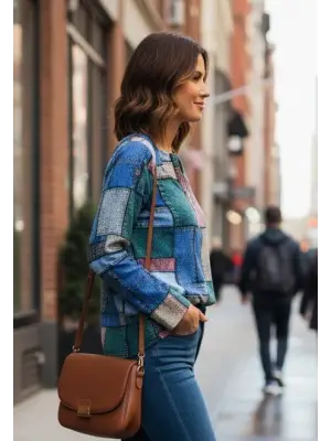 Kadın Uzun Kollu Yakadan Fermuarlı Kot Görünüm Desenli Uzun Modal Bluz