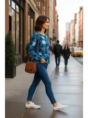 Kadın Uzun Kollu Yakadan Fermuarlı Kot Görünüm Desenli Uzun Modal Bluz