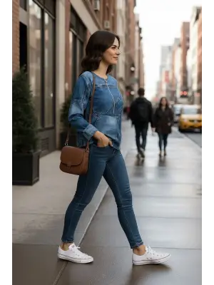 Kadın Uzun Kollu Yakadan Fermuarlı Kot Görünüm Desenli Uzun Modal Bluz