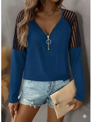 Kadın Uzun Kollu Yakadan Fermuarlı Viskon Bluz