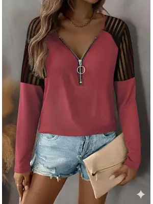 Kadın Uzun Kollu Yakadan Fermuarlı Viskon Bluz