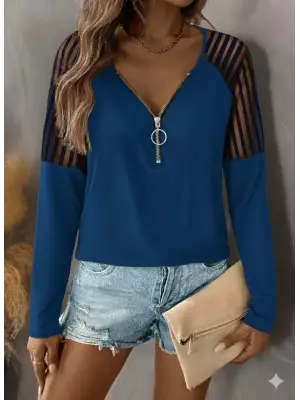 Kadın Uzun Kollu Yakadan Fermuarlı Viskon Bluz