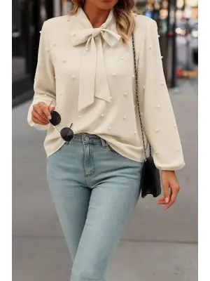 Kadın Uzun Kollu Yakadan Fiyonklu Incili Ithal Krep Bluz