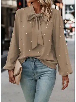 Kadın Uzun Kollu Yakadan Fiyonklu Incili Ithal Krep Bluz