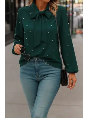 Kadın Uzun Kollu Yakadan Fiyonklu Incili Ithal Krep Bluz