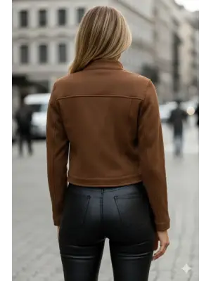 Kadın Uzun Kollu Yakadan Ve önden Düğmeli Süet Kısa Ceket