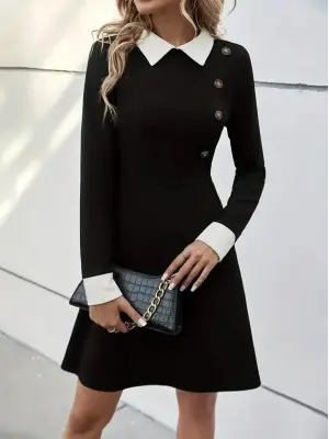 Kadın Uzun Kollu Yakalı A Kesim Kısa Ithal Krep Elbise