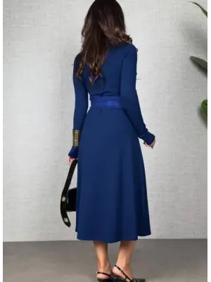 Kadın Uzun Kollu Yakalı Belden Deri Detaylı Kuşaklı Yırtmaçlı Midi Viskon Iki Iplik Elbise