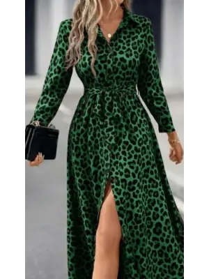 Kadın Uzun Kollu Yakalı Belden Kuşaklı Leopar Desenli Modal Uzun Elbise
