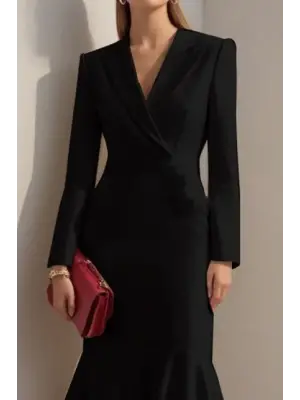 Kadın Uzun Kollu Yakalı Belden Oturtmalı Midi Ithal Krep Elbise