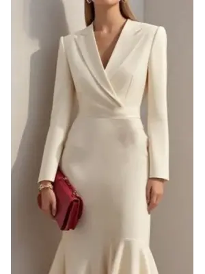 Kadın Uzun Kollu Yakalı Belden Oturtmalı Midi Ithal Krep Elbise