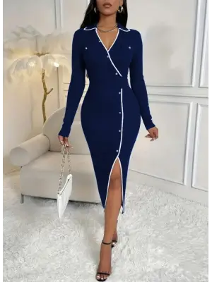 Modern Yakalı Düğmeli Modal Elbise