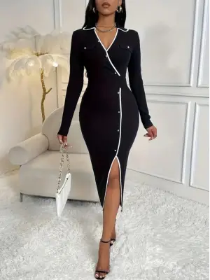 Kadın Uzun Kollu Yakalı Cepli Düğmeli Yırtmaç Detaylı Modal Uzun Elbise