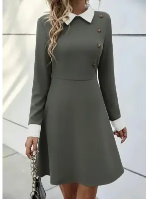 Kadın Uzun Kollu Yakalı Düğmeli çağla Yeşili Modal Mini Elbise