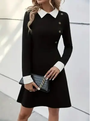 Kadın Uzun Kollu Yakalı Düğmeli Kısa Modal Mini Elbise