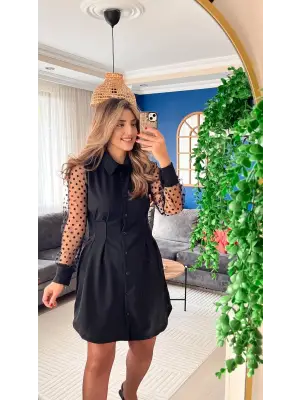 Kadın Uzun Kollu Yakalı Düğmeli Mini Ithal Krep Elbise