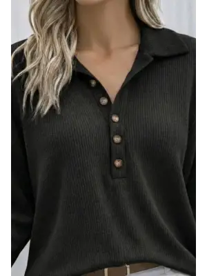 Kadın Uzun Kollu Yakalı Düğmeli Salaş Waffle Bluz
