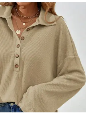 Kadın Uzun Kollu Yakalı Düğmeli Salaş Waffle Bluz