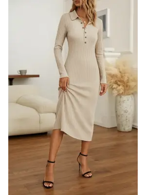 Kadın Uzun Kollu Yakalı Düğmeli şardonlu Kaşkorse Elbise