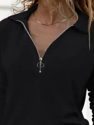 Kadın Uzun Kollu Yakalı Fermuarlı Iki Iplik Bluz