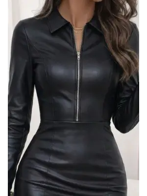 Kadın Uzun Kollu Yakalı Fermuarlı Mini Deri Elbise